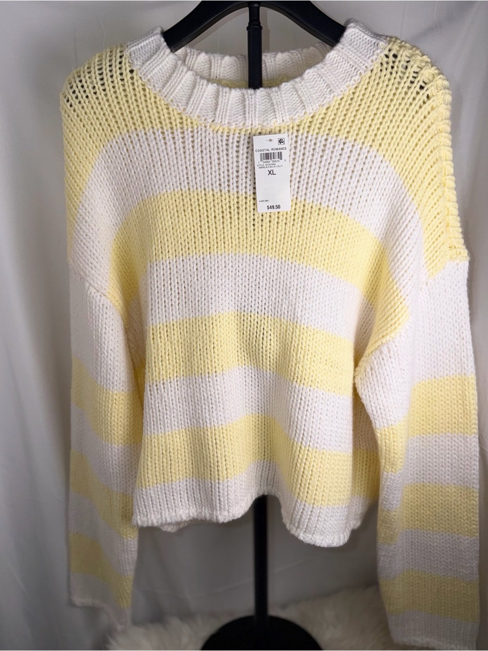 Oversized Yellow & White Stripe Knit Sweater XL - Picture 3 of 10
